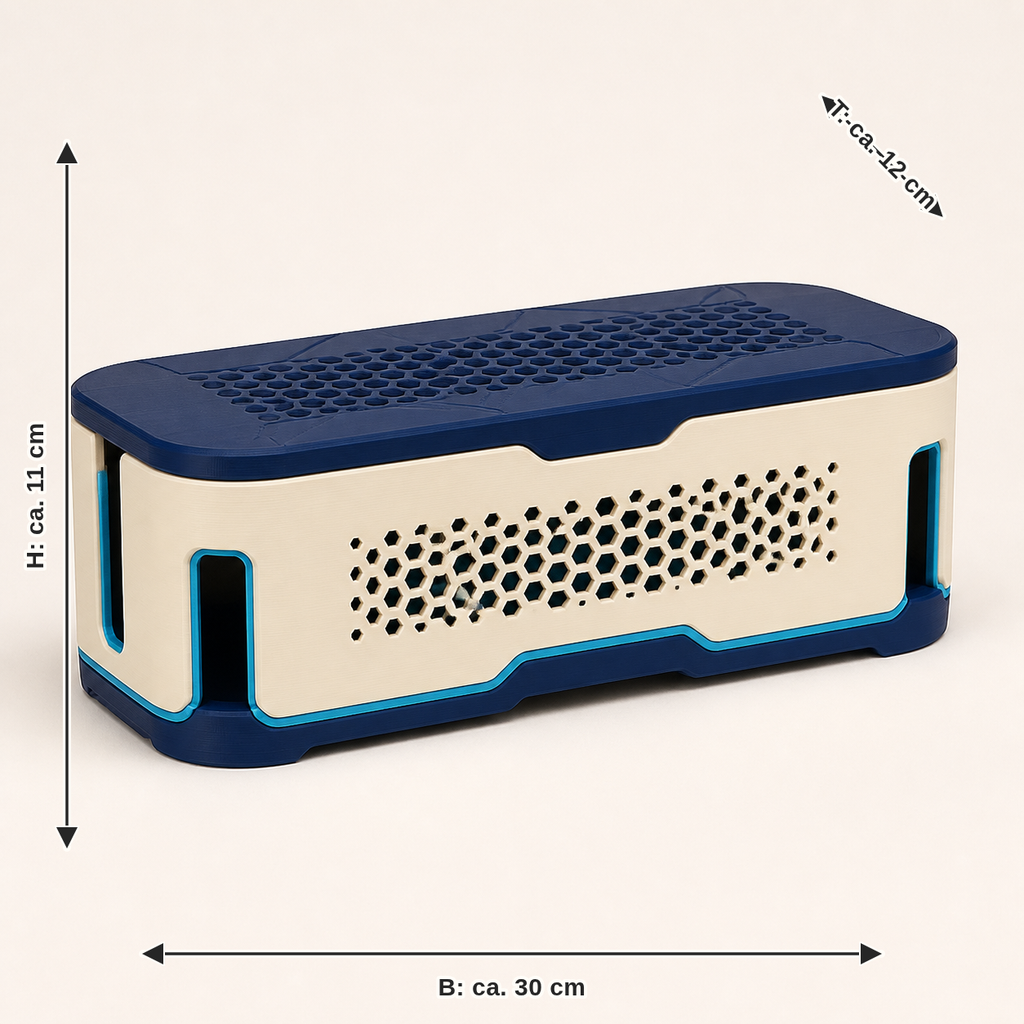 Maßbild für Kabelbox Ordnungslinie – Futuristisch: Breite ca. 30 cm, Tiefe ca. 12 cm, Höhe ca. 11 cm