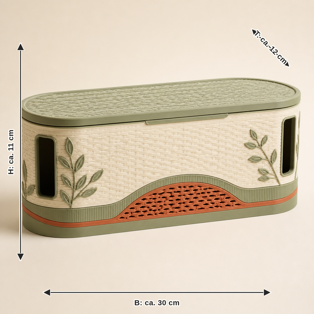 Maßbild für Kabelbox Ordnungslinie – Landhaus: Breite ca. 30 cm, Tiefe ca. 12 cm, Höhe ca. 11 cm