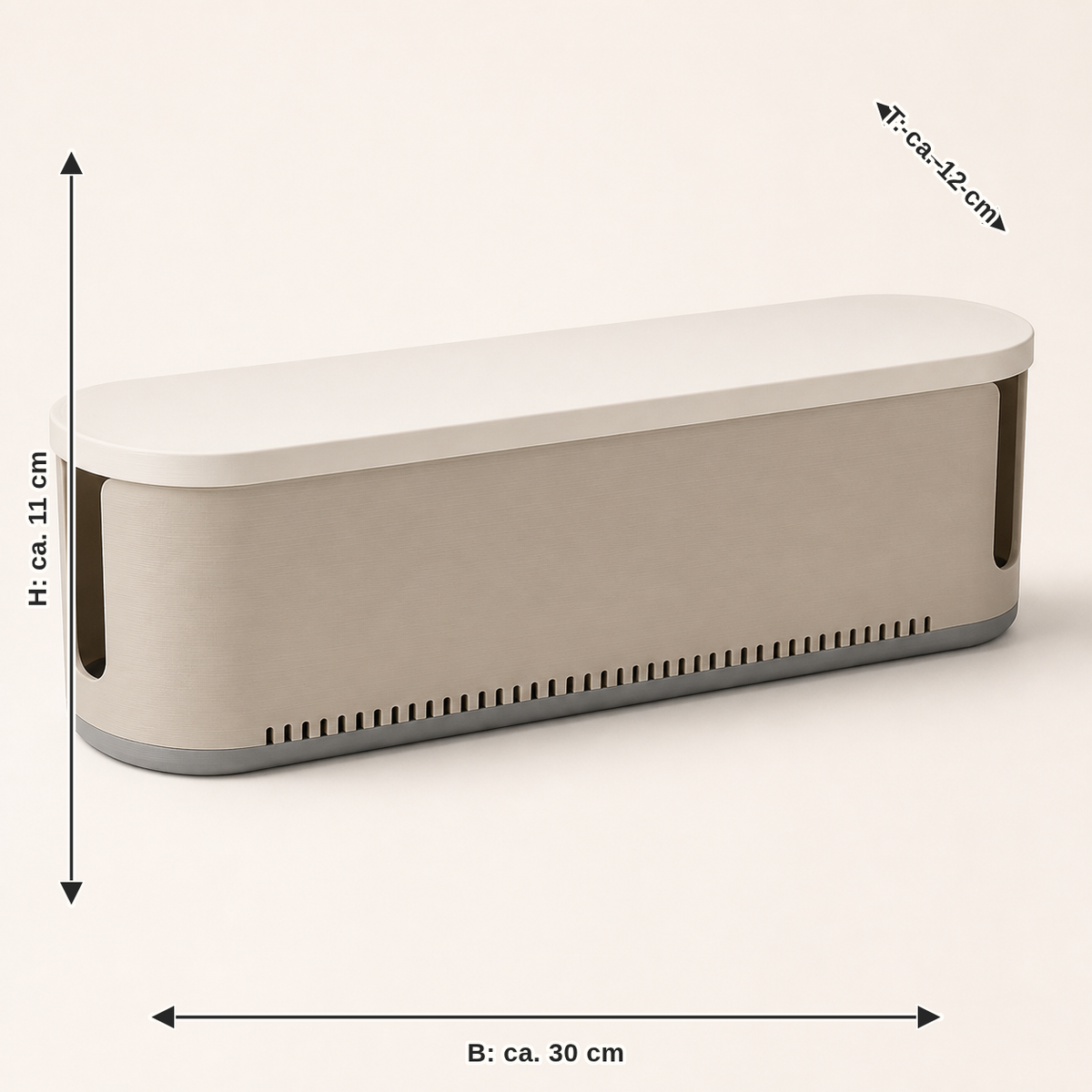 Measurement for cable box order line – minimalist: width approx. 30 cm, depth approx. 12 cm, height approx. 11 cm