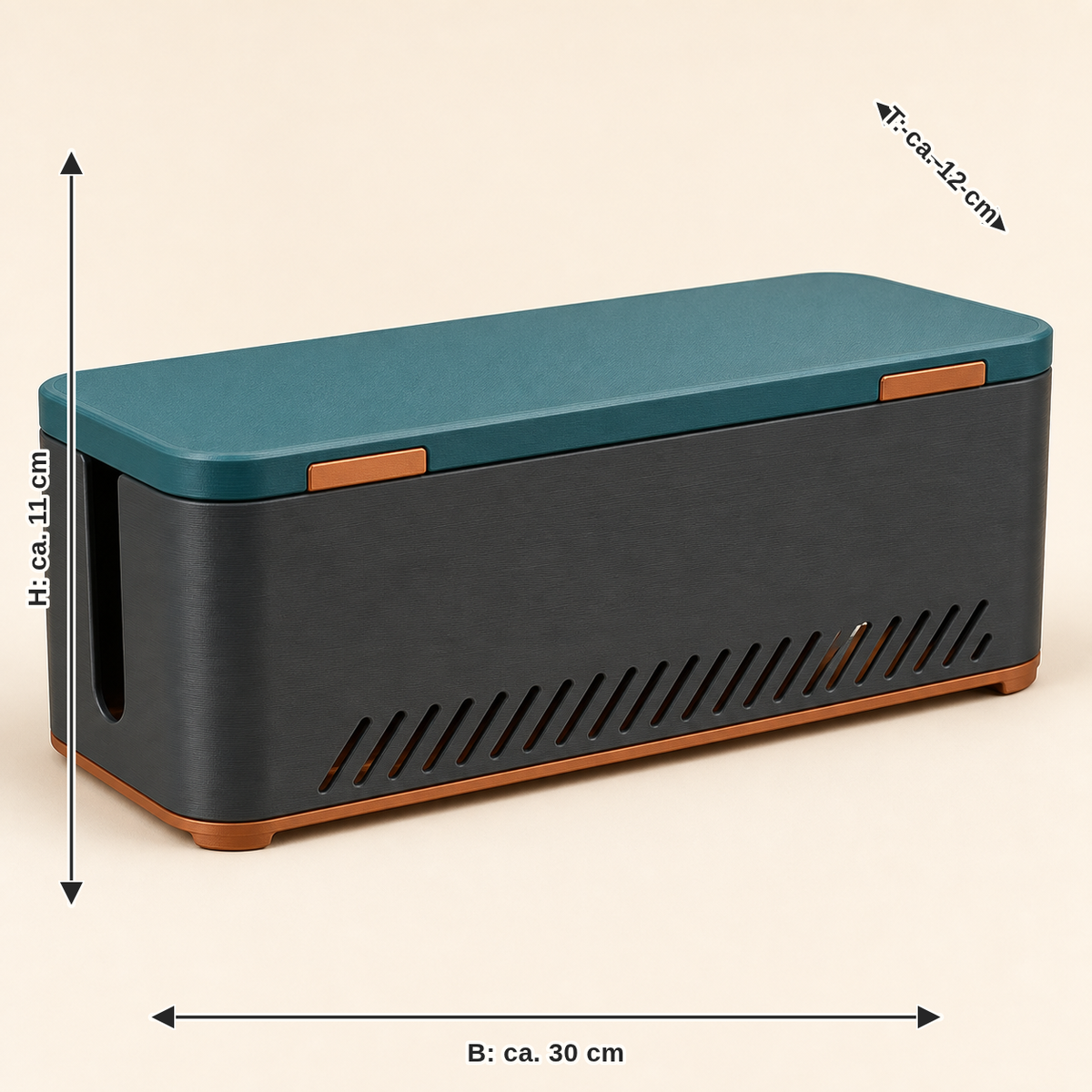 Measurement for cable box order line – Modern: width approx. 30 cm, depth approx. 12 cm, height approx. 11 cm