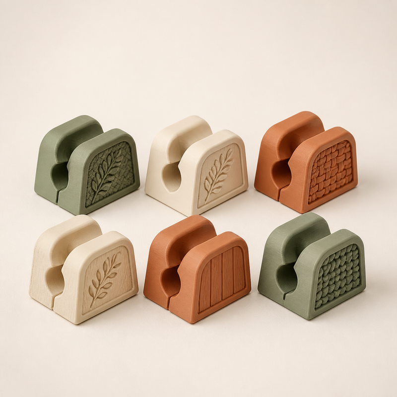 Country 3D printed PETG cable holder in sage green, cream, terracotta