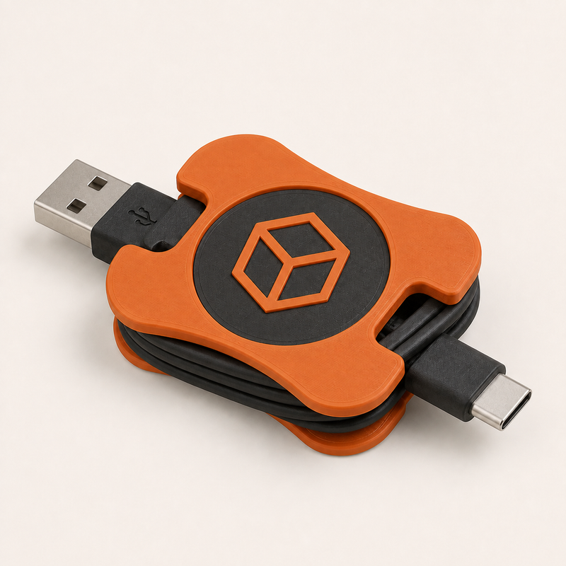 Kabelwickler mit Logo – 3D-gedruckt mit feinen FDM-Layerlinien