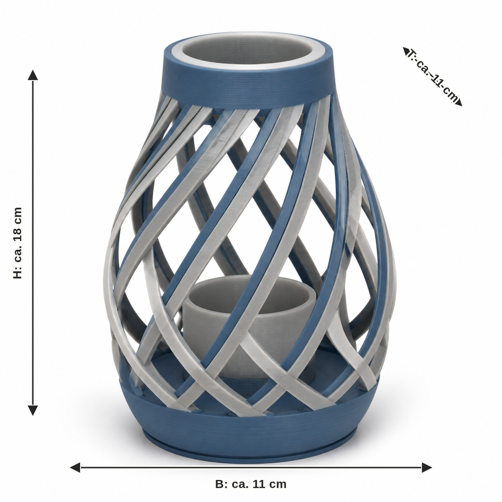 Dimensional image for cage-shaped LED lantern with diagonal grid: width approx. 11 cm, depth approx. 11 cm, height approx. 18 cm