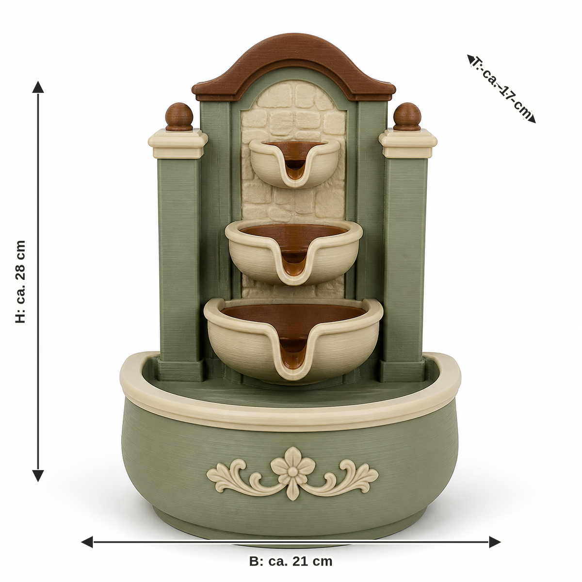 Measurement for cascade fountain with three country house shells: width approx. 21 cm, depth approx. 17 cm, height approx. 28 cm