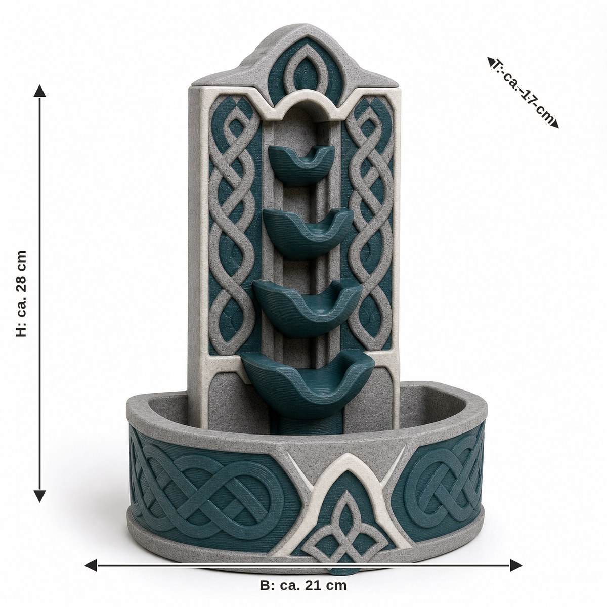 Dimensional image for cascade fountains with teal-colored rune shells: width approx. 21 cm, depth approx. 17 cm, height approx. 28 cm