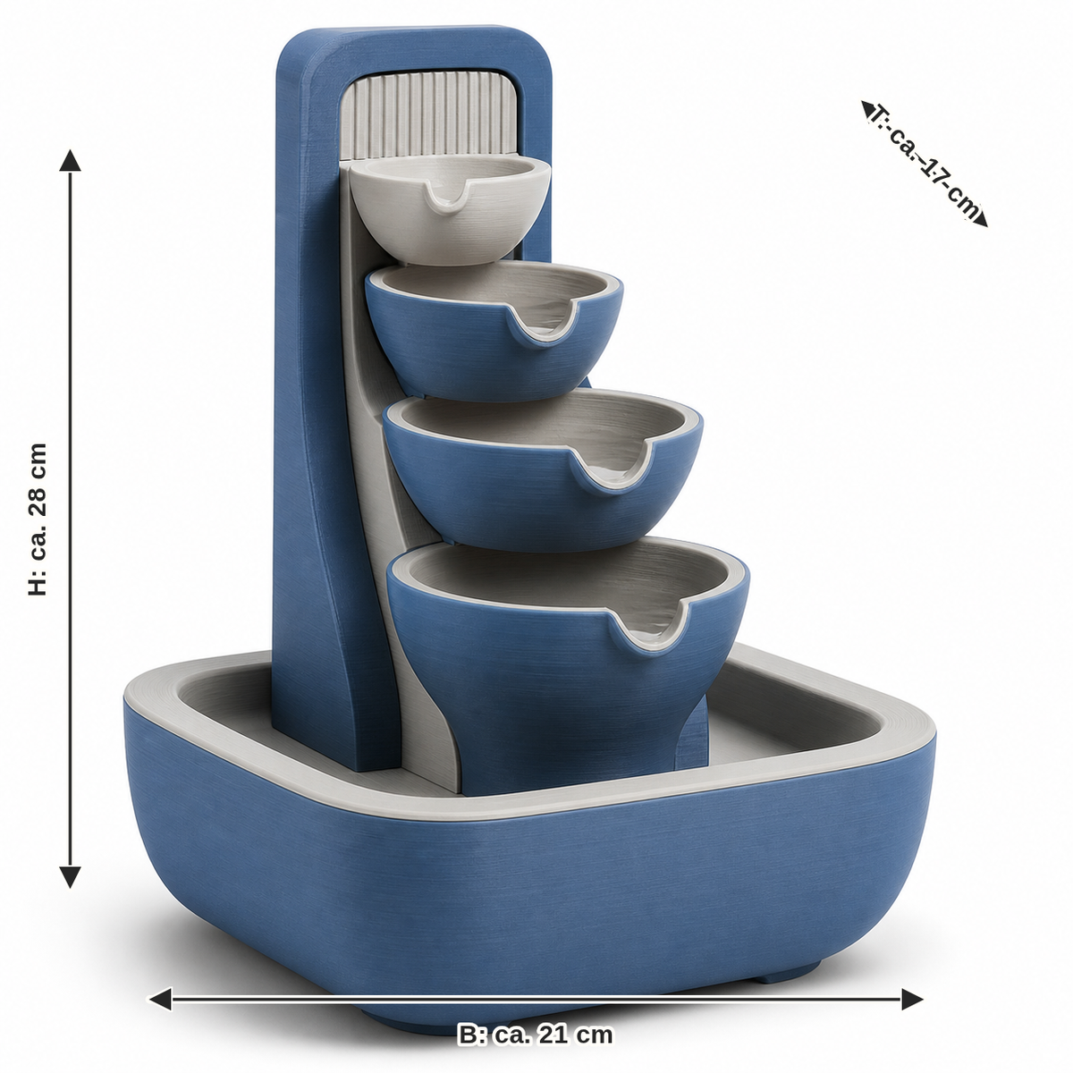 Dimensional image for cascade fountain with four blue shells: width approx. 21 cm, depth approx. 17 cm, height approx. 28 cm