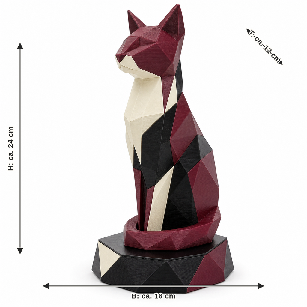 Maßbild für Katzenskulptur Bordeauxfacette: Breite ca. 16 cm, Tiefe ca. 12 cm, Höhe ca. 24 cm