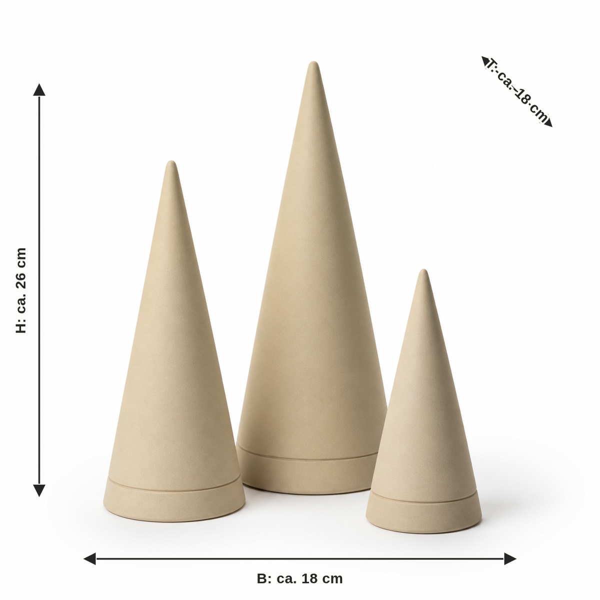 Maßbild für Kegelbaum-Set in Sandbeige: Breite ca. 18 cm, Tiefe ca. 18 cm, Höhe ca. 26 cm