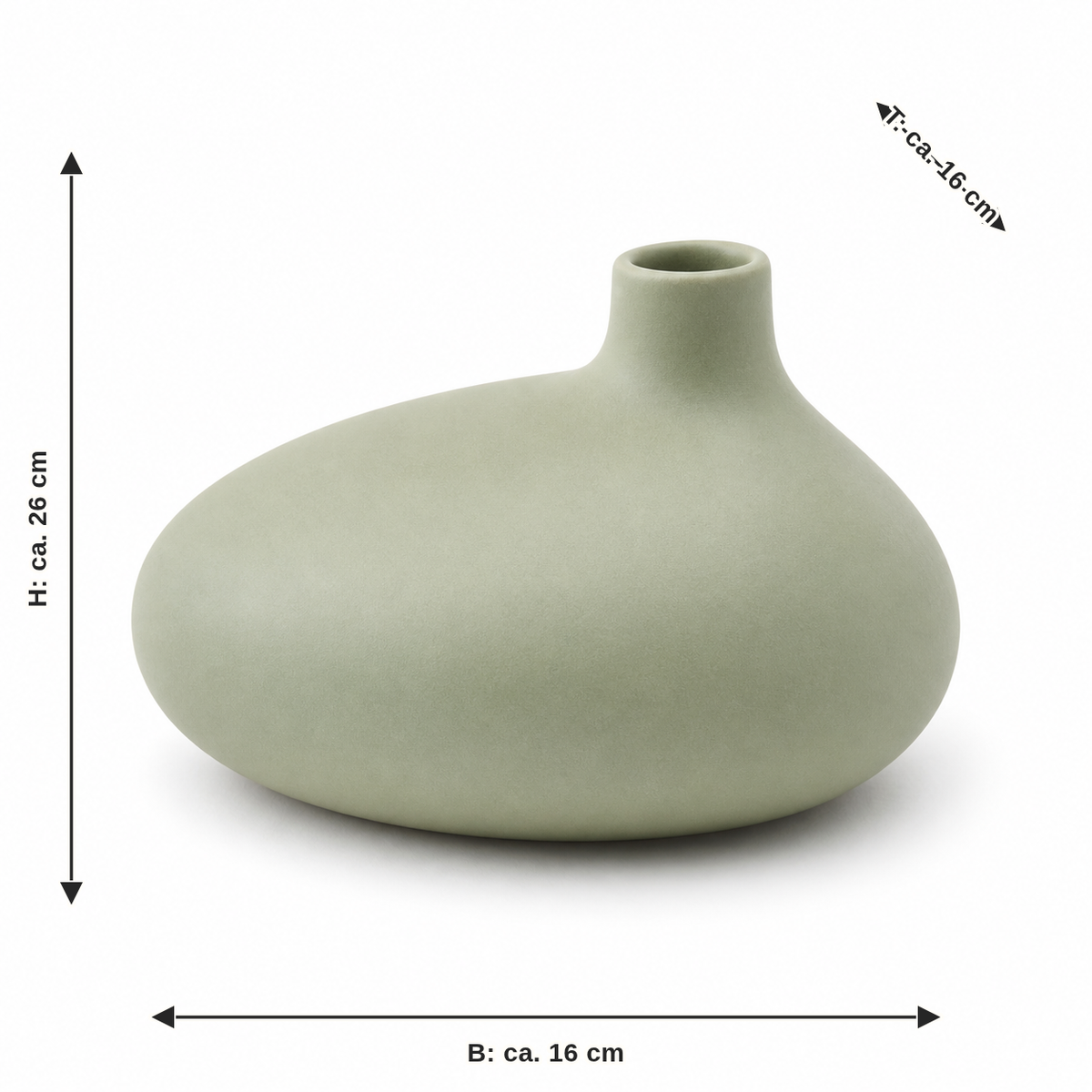 Dimensional image for pebble-button vase in sage green: width about 16 cm, depth about 16 cm, height about 26 cm