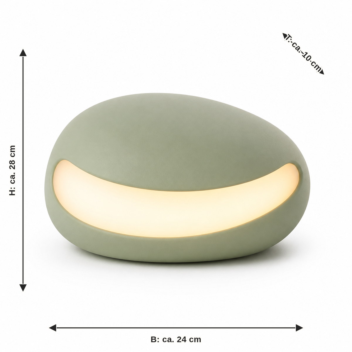 Dimensional image for pebble LED light in sage green: width approx. 24 cm, depth approx. 10 cm, height approx. 28 cm