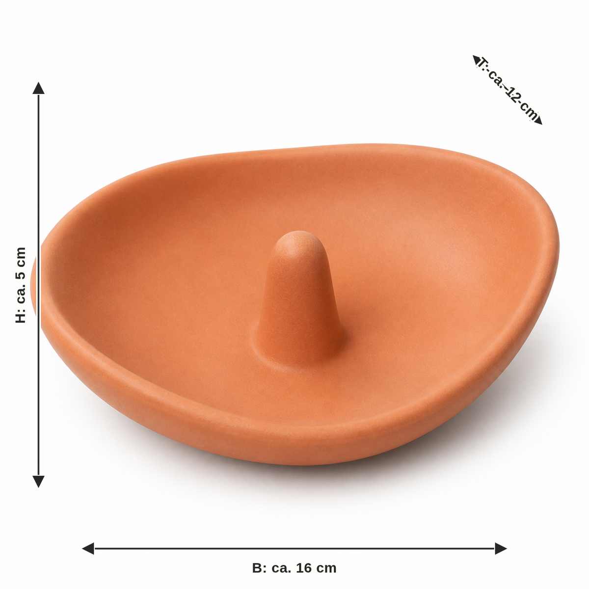 Maßbild für Kiesel-Ringschale in Terrakotta: Breite ca. 16 cm, Tiefe ca. 12 cm, Höhe ca. 5 cm