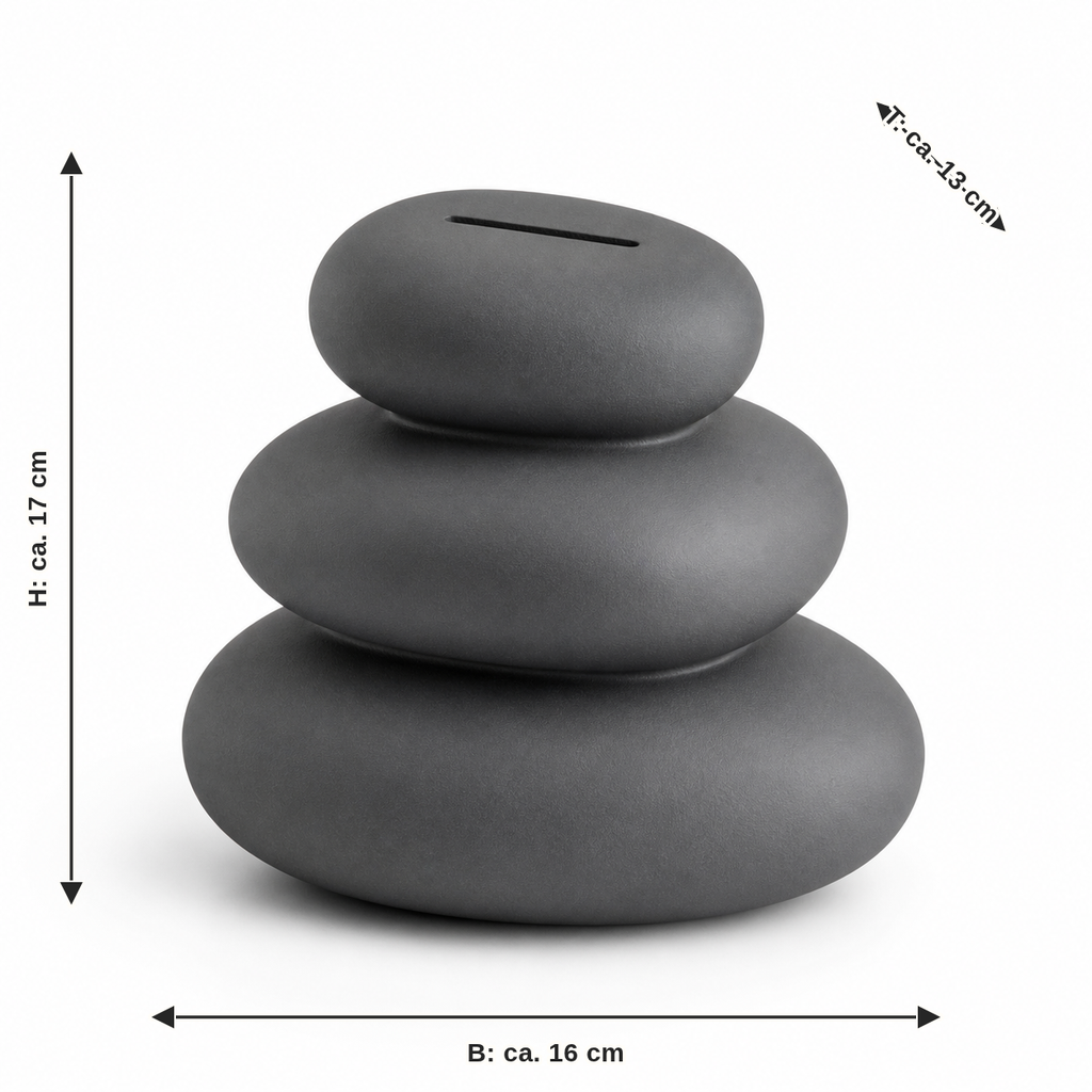 Maßbild für Kiesel-Sparbüchse in Graphitgrau: Breite ca. 16 cm, Tiefe ca. 13 cm, Höhe ca. 17 cm