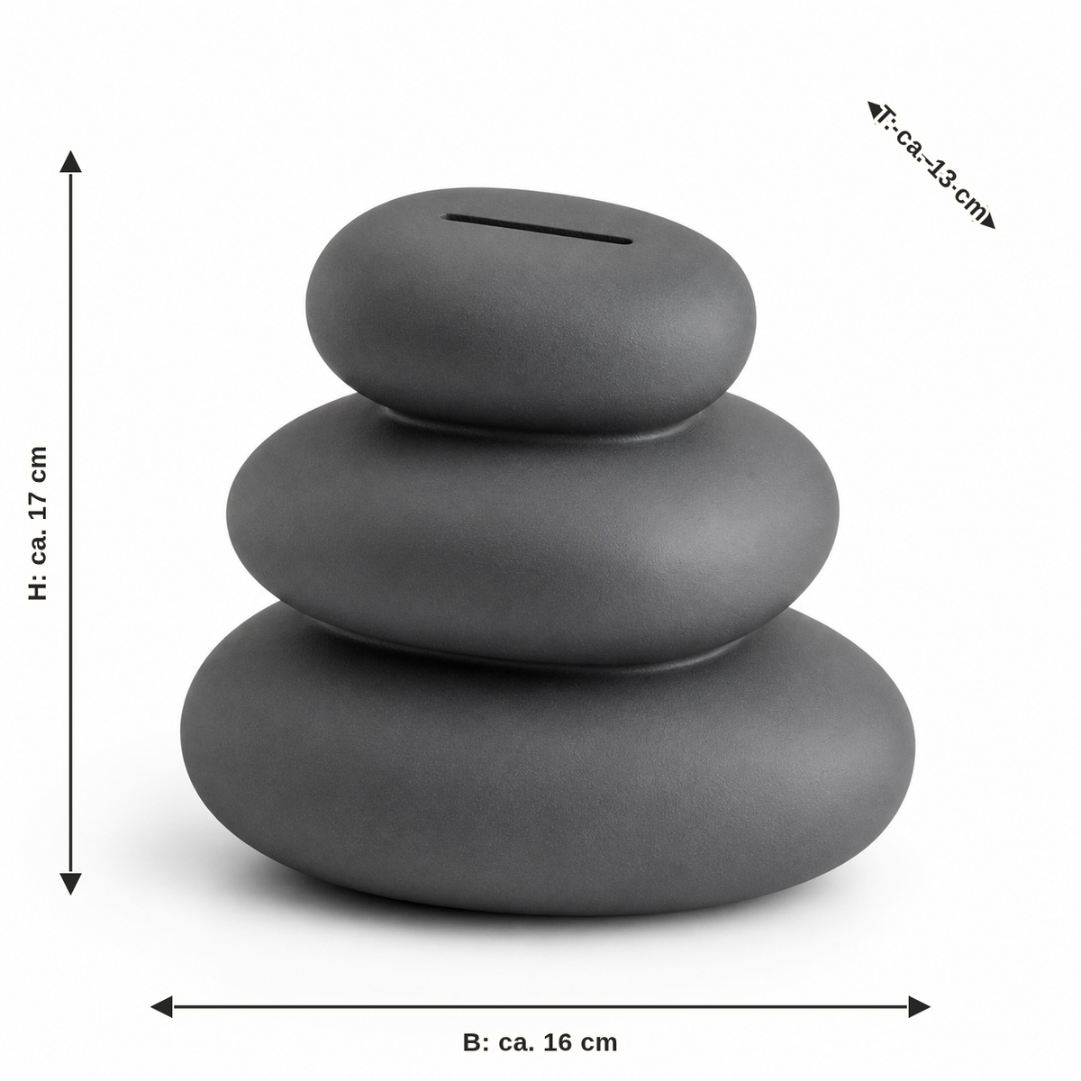 Maßbild für Kiesel-Sparbüchse in Graphitgrau: Breite ca. 16 cm, Tiefe ca. 13 cm, Höhe ca. 17 cm