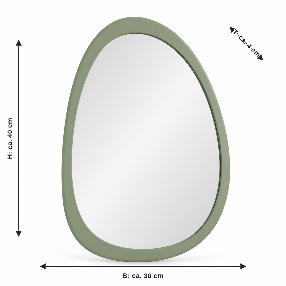 Maßbild für Kiesel-Spiegelrahmen in Salbeigrün: Breite ca. 30 cm, Tiefe ca. 4 cm, Höhe ca. 40 cm