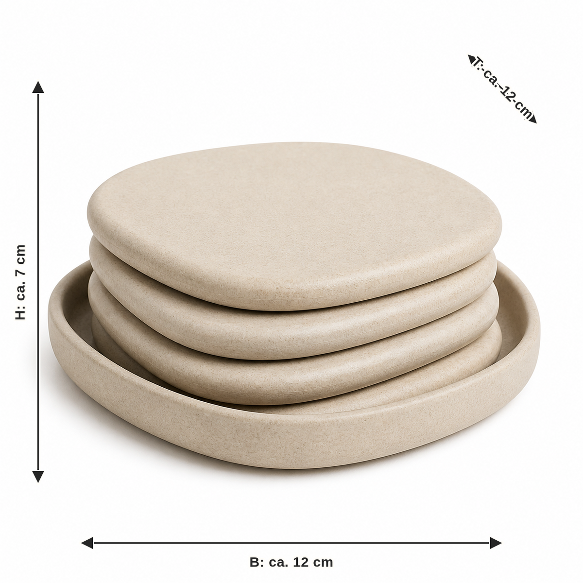 Maßbild für Kiesel-Untersetzer-Set in Sandbeige: Breite ca. 12 cm, Tiefe ca. 12 cm, Höhe ca. 7 cm