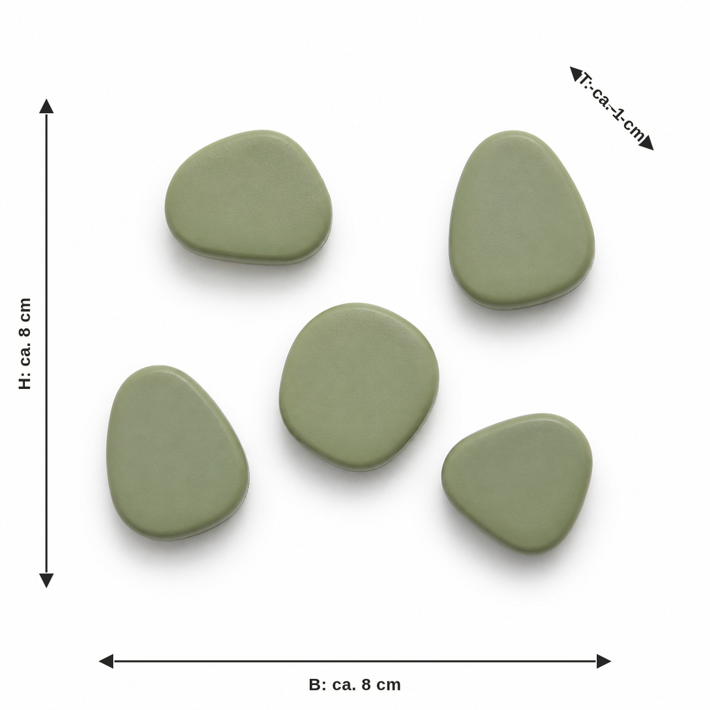 Maßbild für Kieselmagnete in Salbeigrün: Breite ca. 8 cm, Tiefe ca. 1 cm, Höhe ca. 8 cm