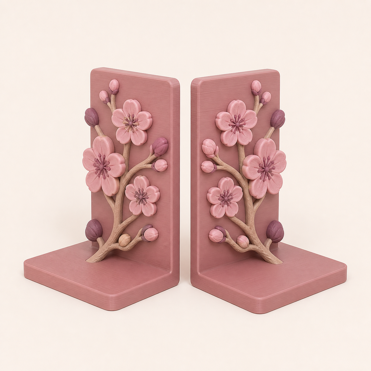 cherry blossom-bookends-pair in 3D-printed PETG in rose, plum, sand beige