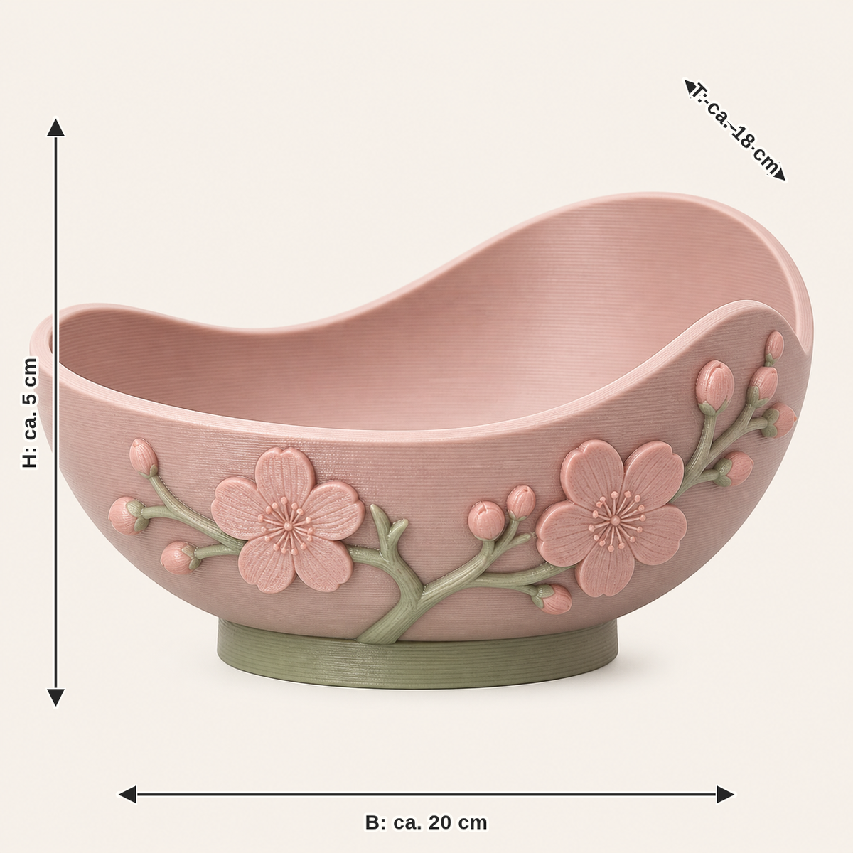 Dimensional image for cherry blossom-decorative bowl flower trough: width approx. 20 cm, depth approx. 18 cm, height approx. 5 cm