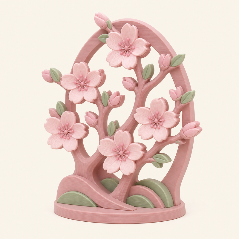 Kirschblüte-Mini-Skulptur Kirschblütenhain aus 3D-gedrucktem PETG in Altrosa, Salbeigrün, Warmweiß