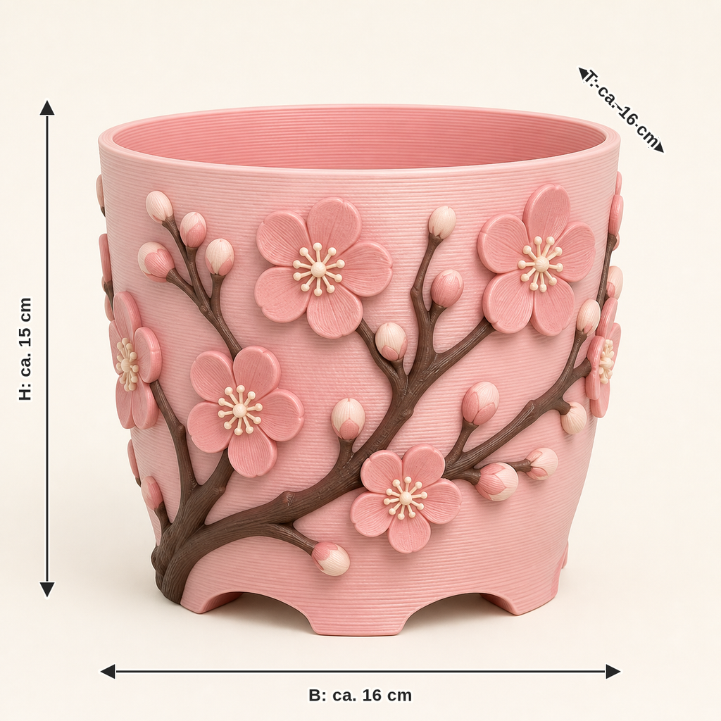Dimensional image for cherry blossom planter branch pot: width approx. 16 cm, depth approx. 16 cm, height approx. 15 cm