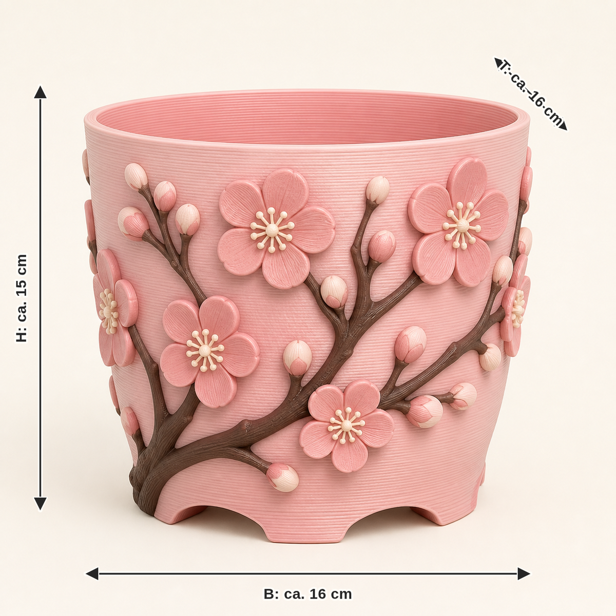 Dimensional image for cherry blossom planter branch pot: width approx. 16 cm, depth approx. 16 cm, height approx. 15 cm