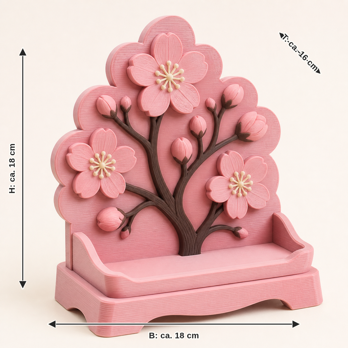 Dimensional image for cherry blossom display stands flower stage: width approx. 18 cm, depth approx. 16 cm, height approx. 18 cm