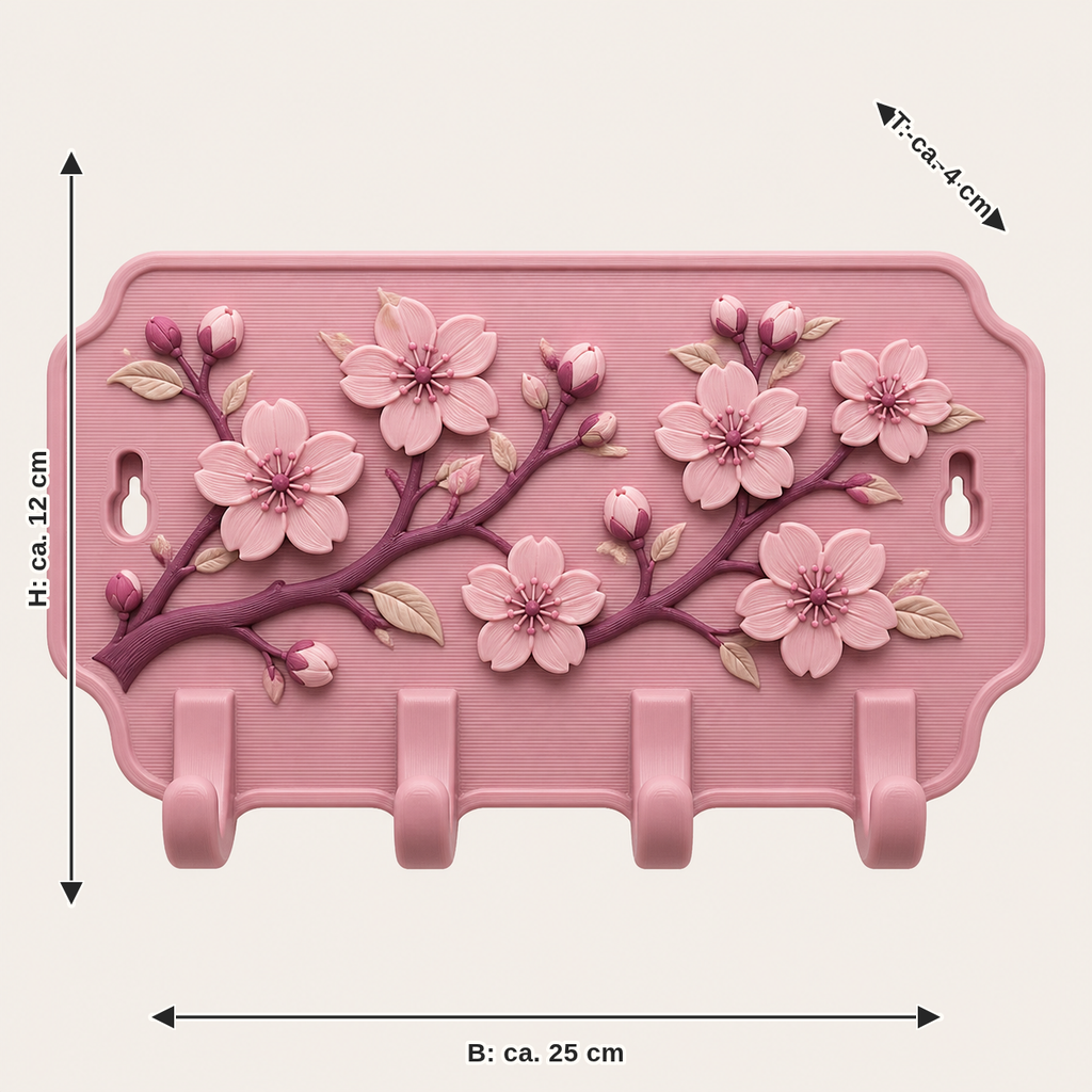Dimensional image for cherry blossom-key rack branch hooks: width approx. 25 cm, depth approx. 4 cm, height approx. 12 cm