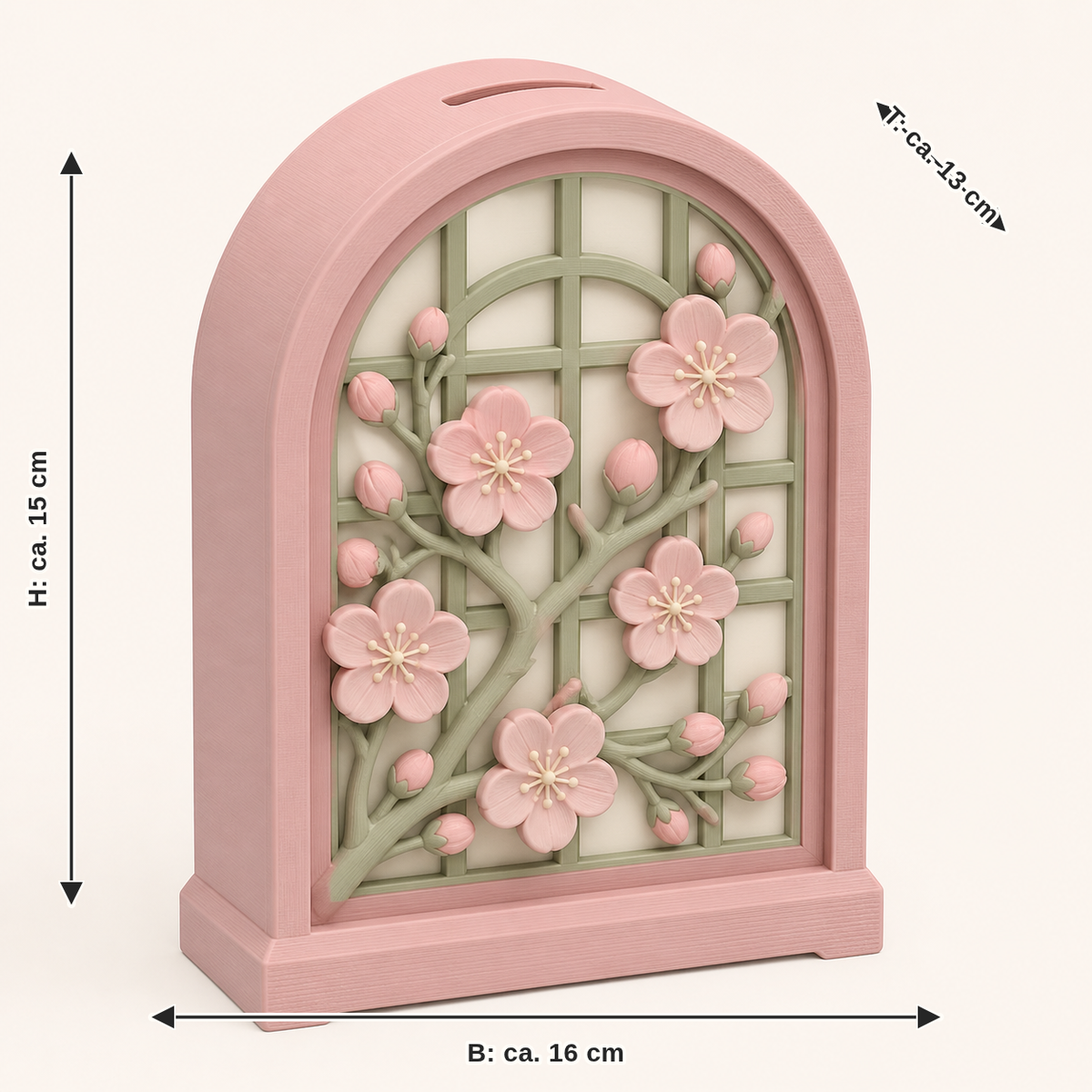Dimensional image for cherry blossom-money box bud window: width approx. 16 cm, depth approx. 13 cm, height approx. 15 cm