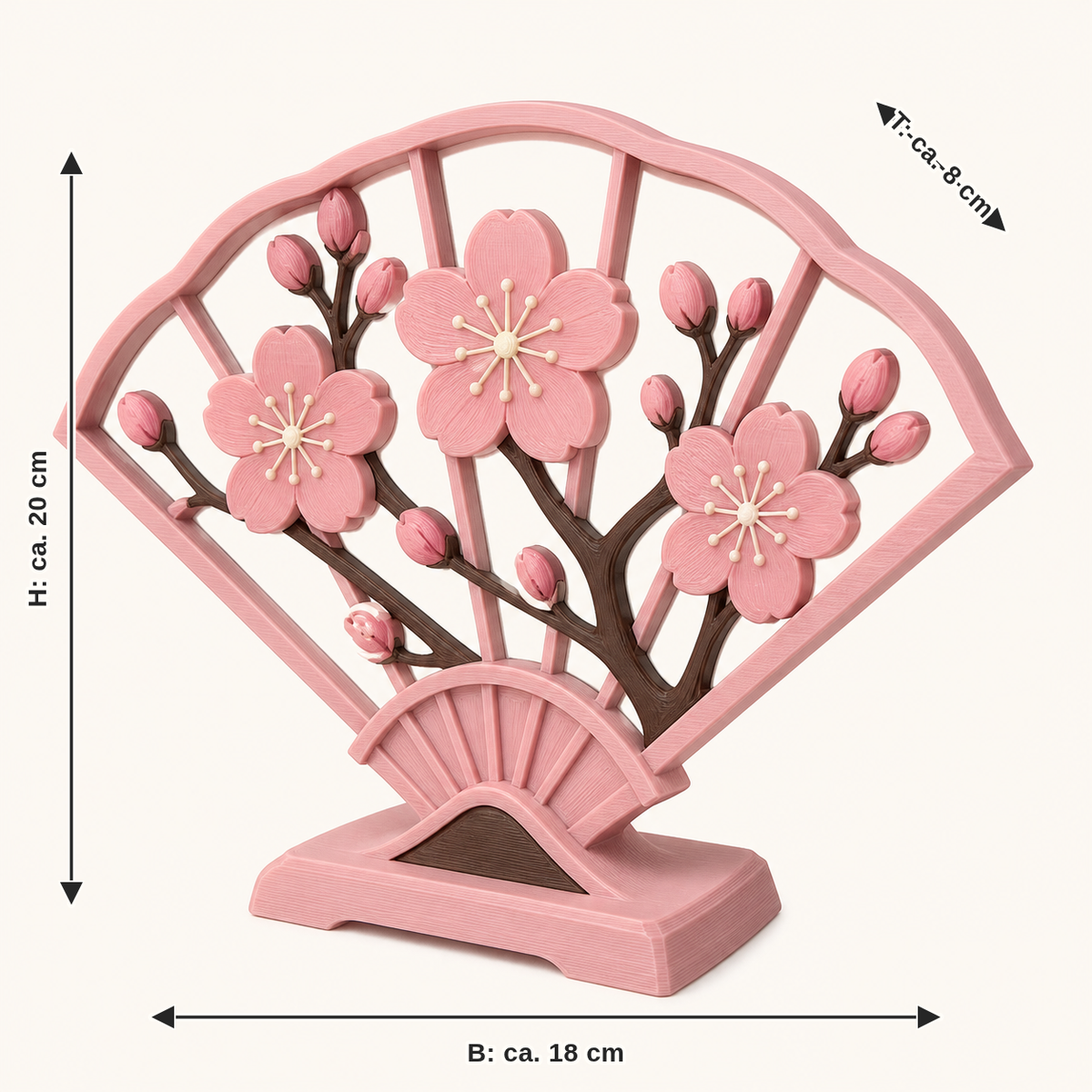 Maßbild für Kirschblüte-Tischaufsteller Blütenfächer: Breite ca. 18 cm, Tiefe ca. 8 cm, Höhe ca. 20 cm