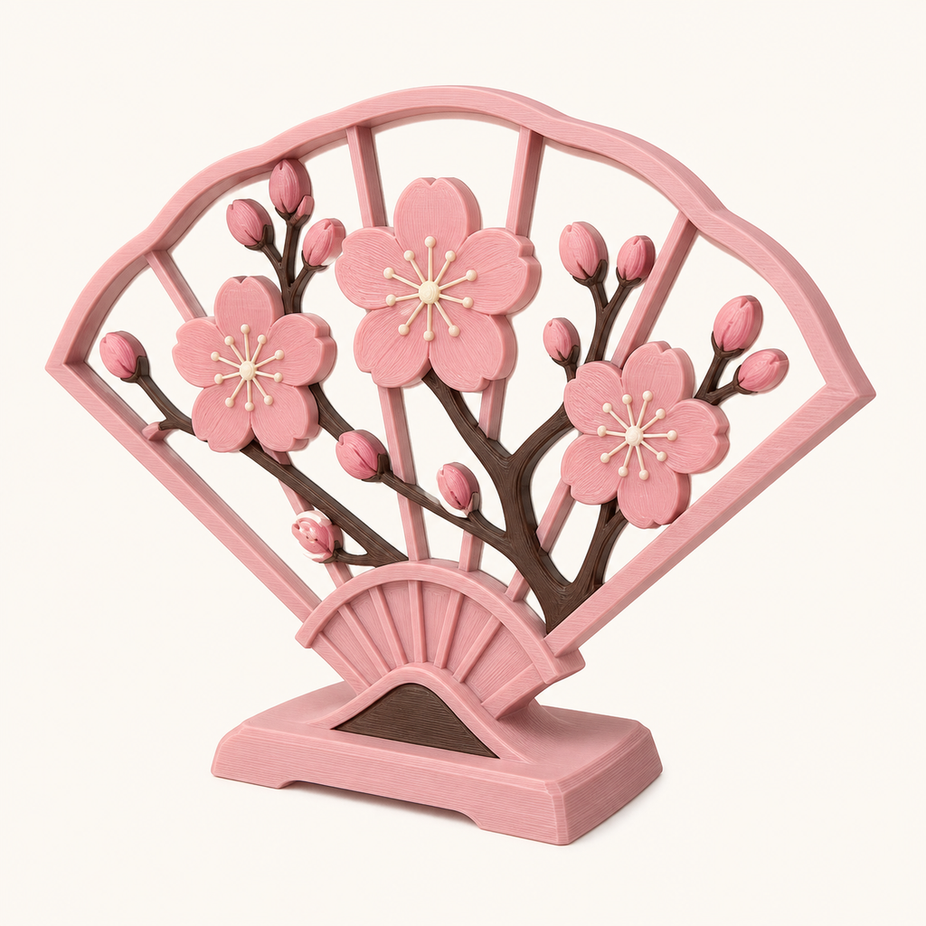 Kirschblüte-Tischaufsteller Blütenfächer aus 3D-gedrucktem PETG in Kirschblütenrosa, Creme, Dunkelbraun