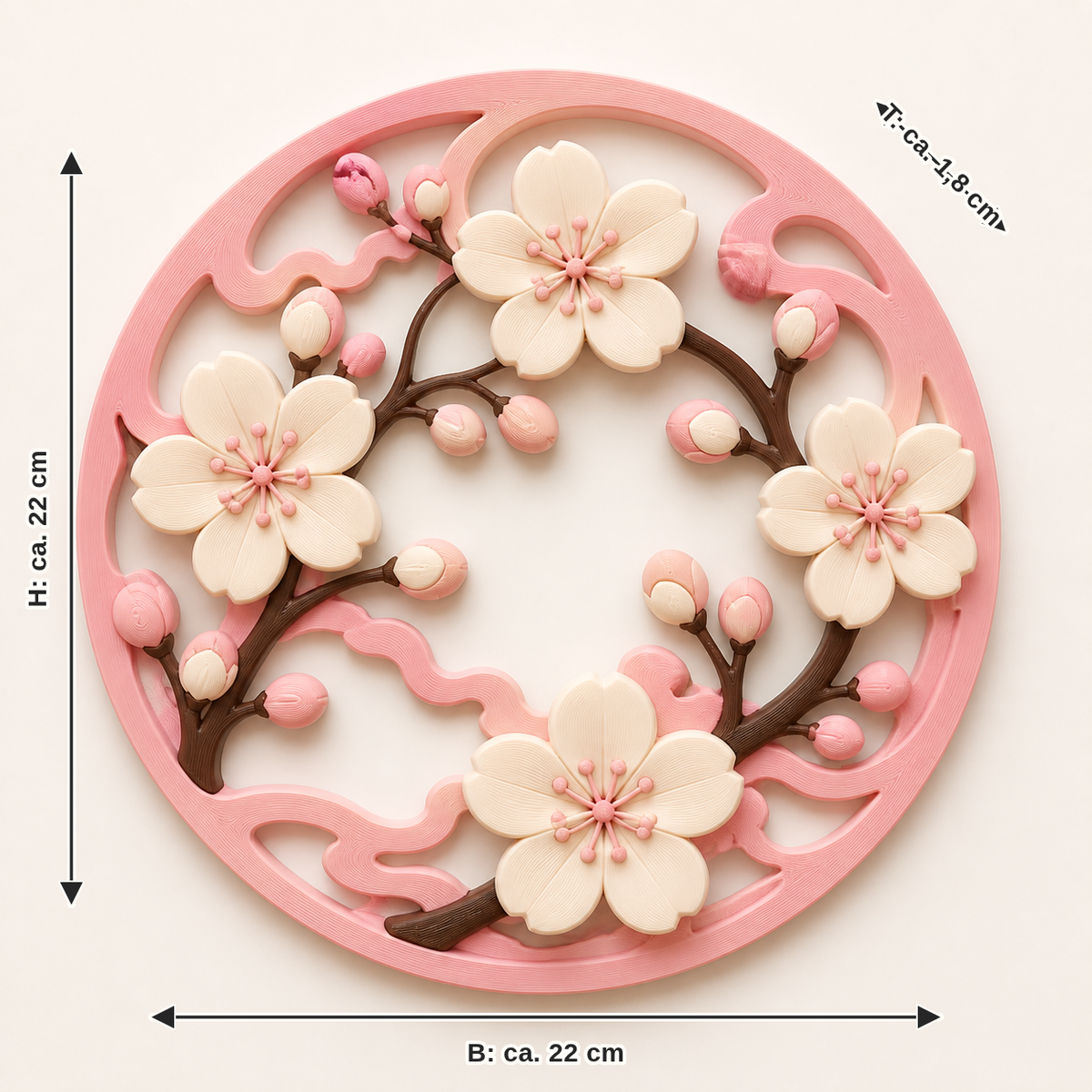 Dimensional image for cherry blossom-wall relief flower wreath: width approx. 22 cm, depth approx. 1.8 cm, height approx. 22 cm