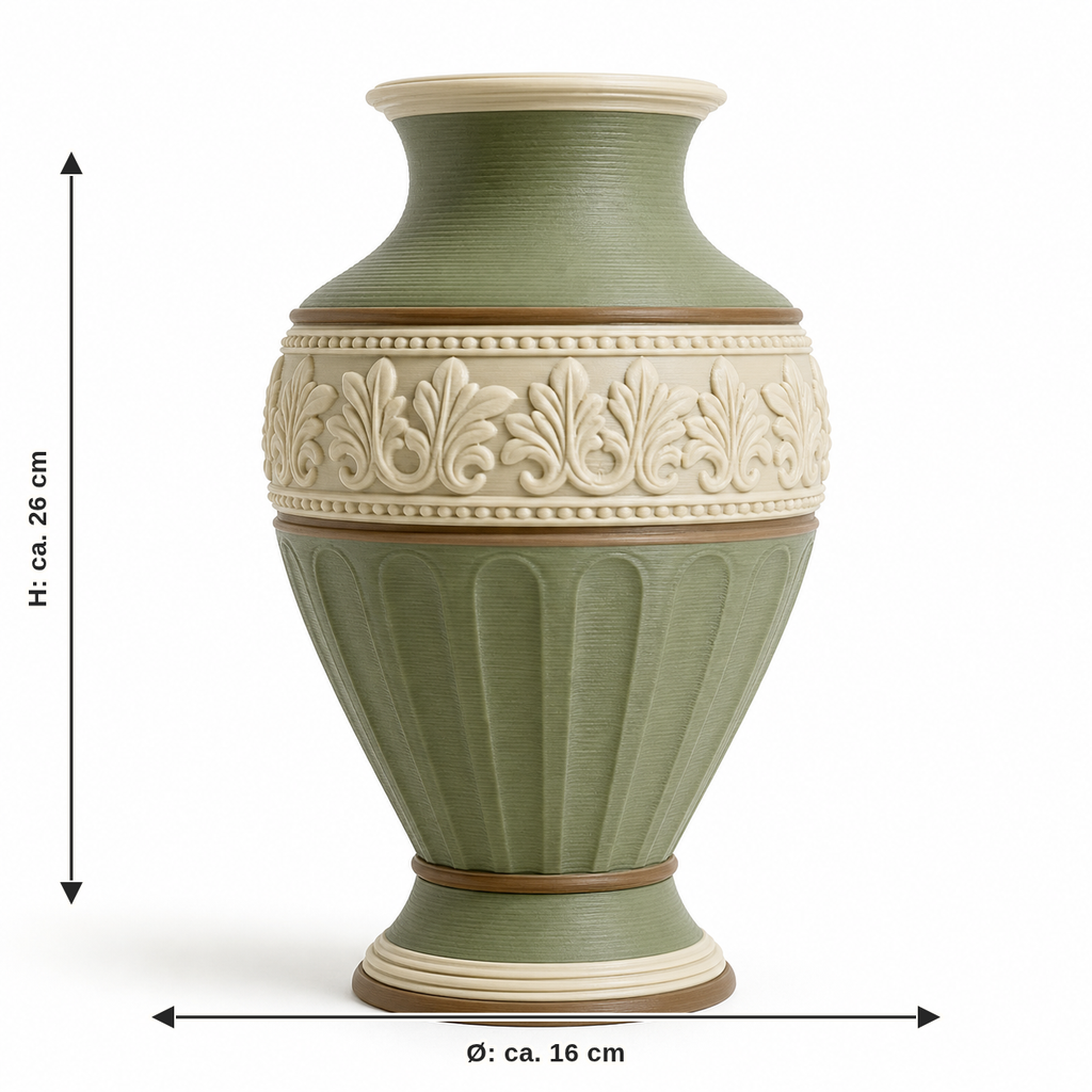 Dimensional image for classic ornamental vase in sage green: diameter about 16 cm, height about 26 cm