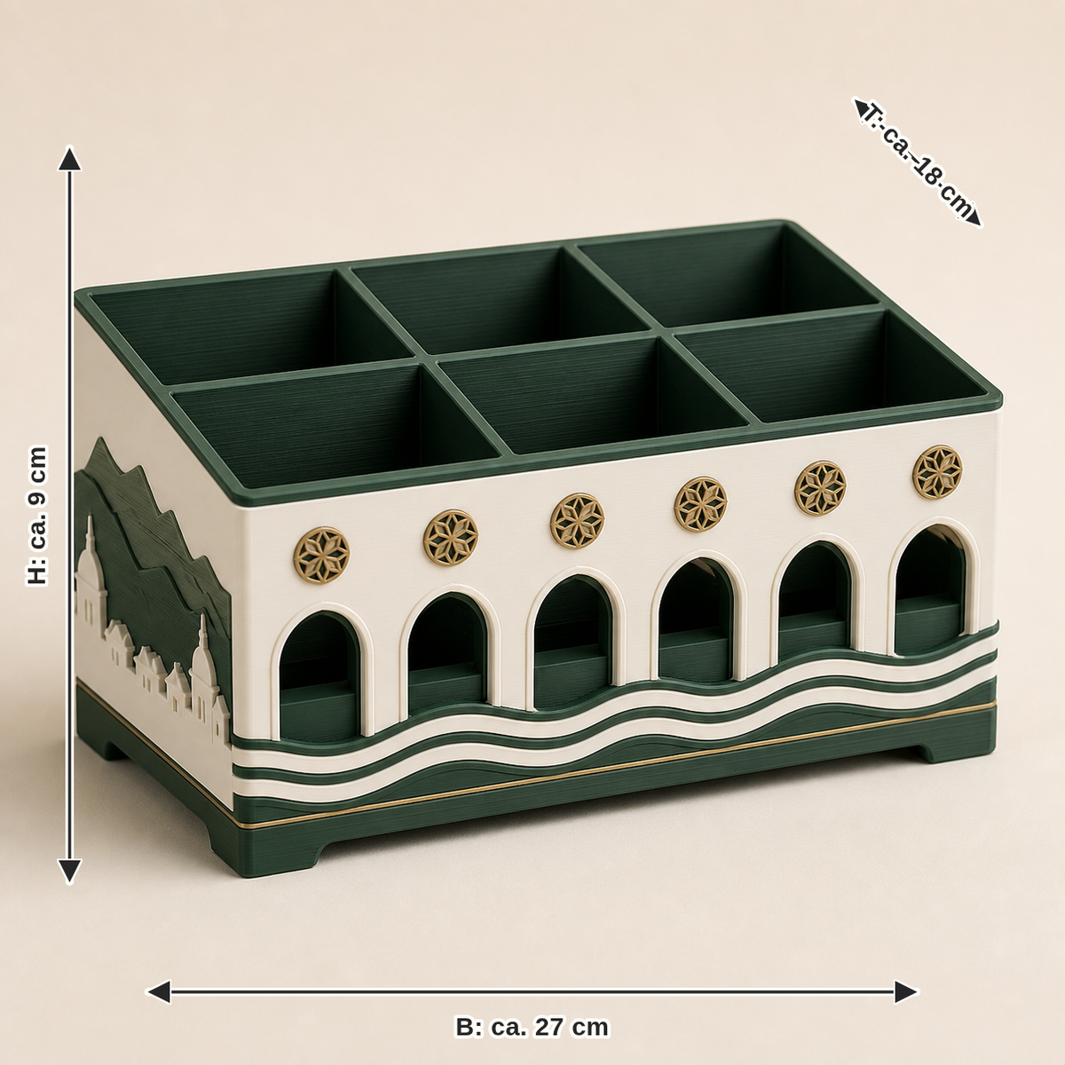Dimensional image for small parts box Arkadengasse – Salzburg: width approx. 27 cm, depth approx. 18 cm, height approx. 9 cm