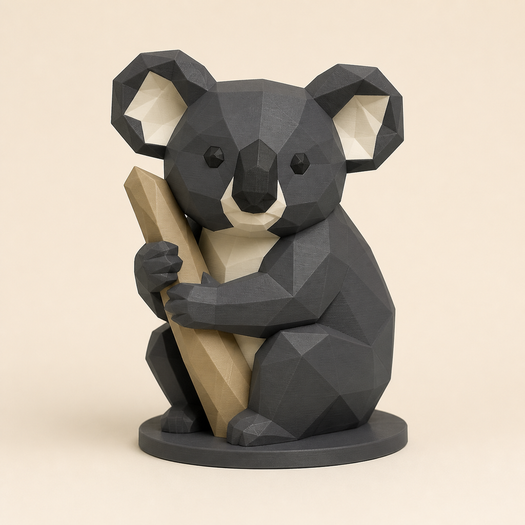 Koala-Low-Poly-Skulptur Facettenfigur aus 3D-gedrucktem PETG in Anthrazit, Sandbeige, Knochenweiß