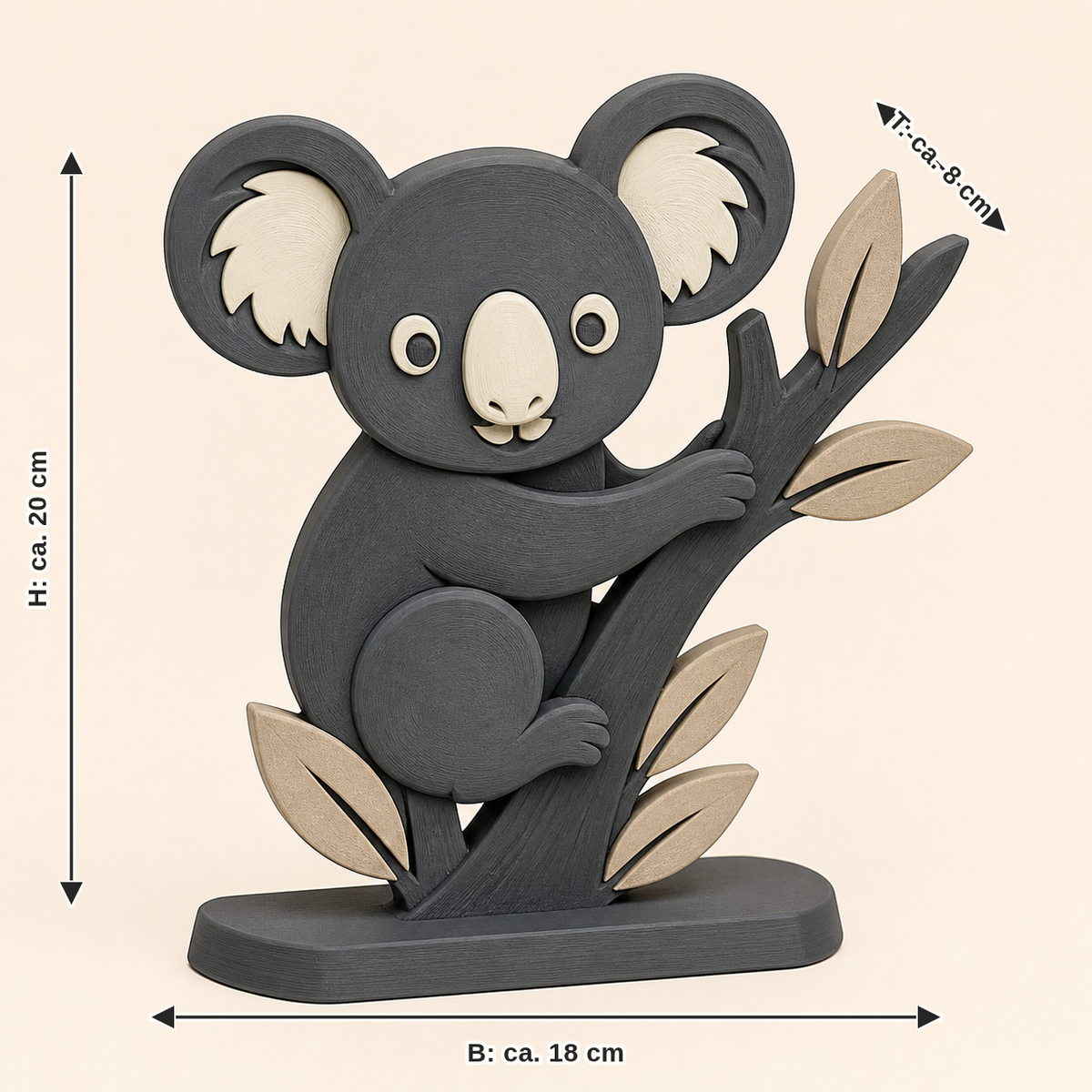 Maßbild für Koala-Tischaufsteller Charakter-Aufsteller: Breite ca. 18 cm, Tiefe ca. 8 cm, Höhe ca. 20 cm