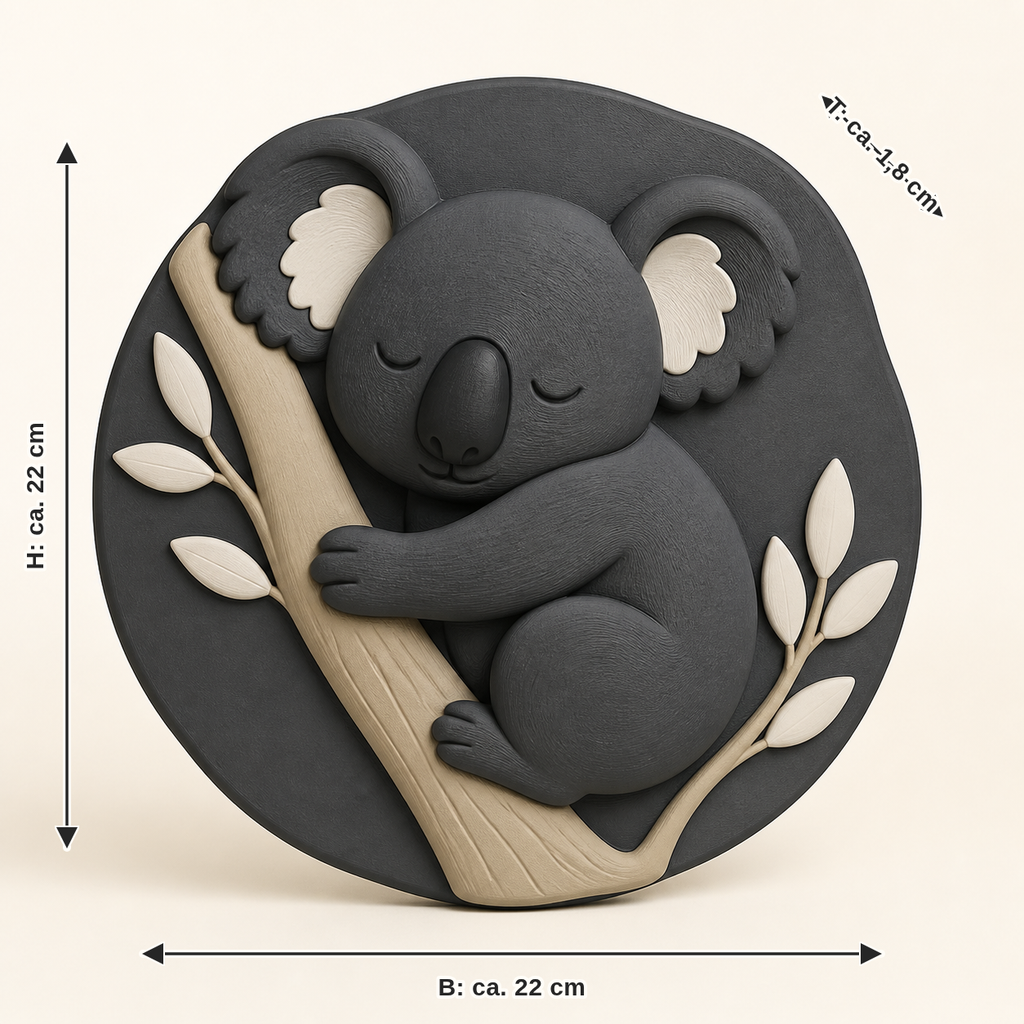 Maßbild für Koala-Wandrelief Tierporträt: Breite ca. 22 cm, Tiefe ca. 1.8 cm, Höhe ca. 22 cm