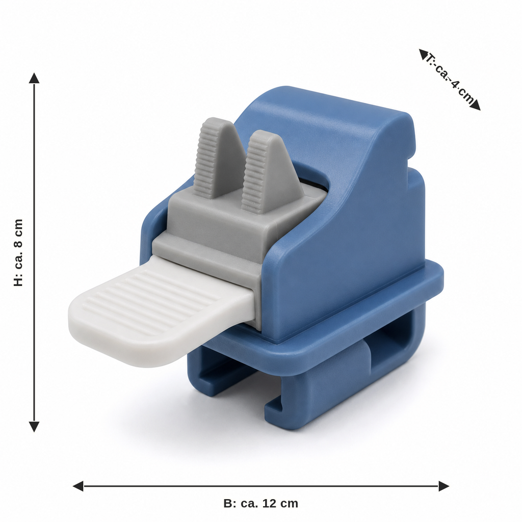 Measurement for compact curtain clamp in blue and grey: width approx. 12 cm, depth approx. 4 cm, height approx. 8 cm