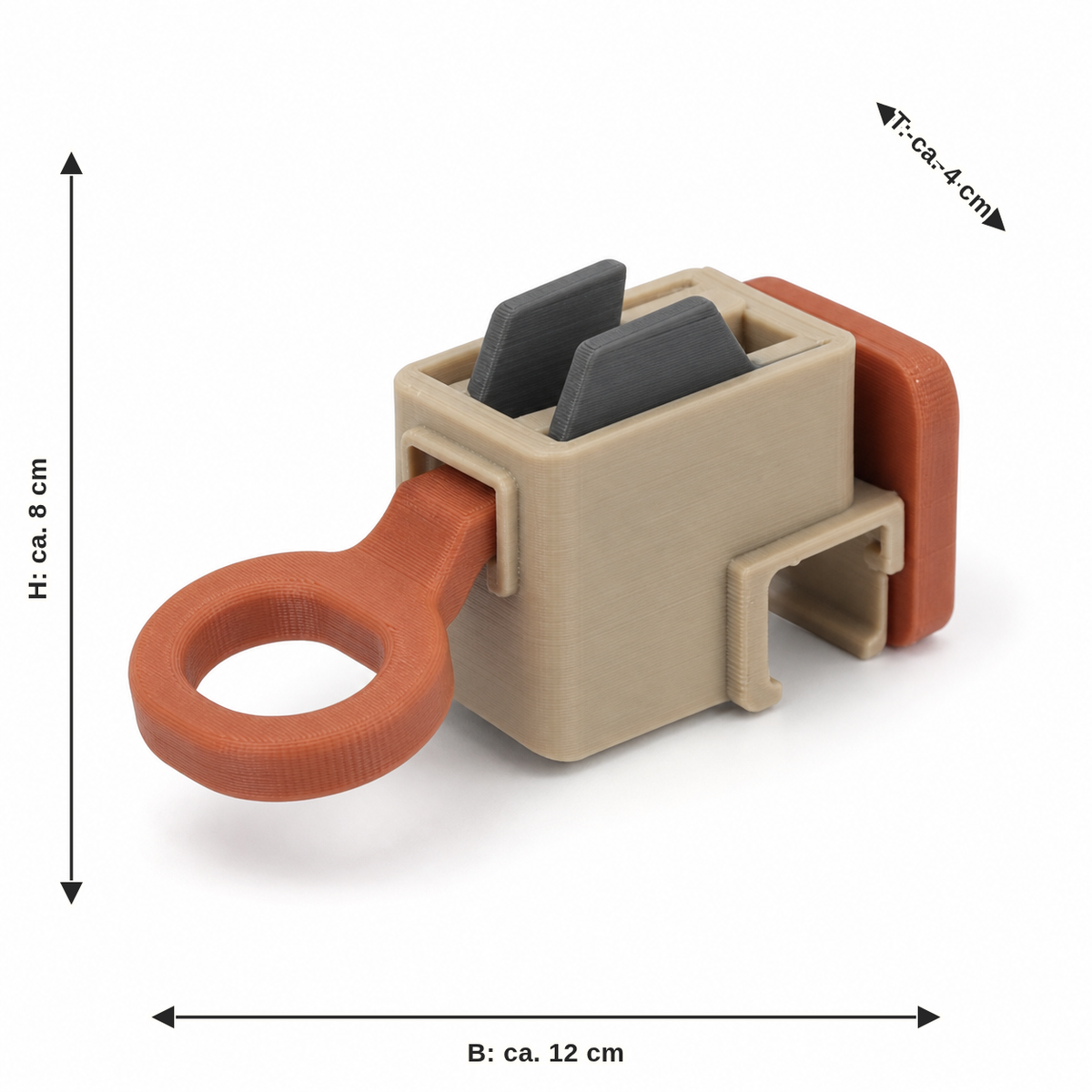 Measurement for compact curtain clamp in warm tones: width approx. 12 cm, depth approx. 4 cm, height approx. 8 cm