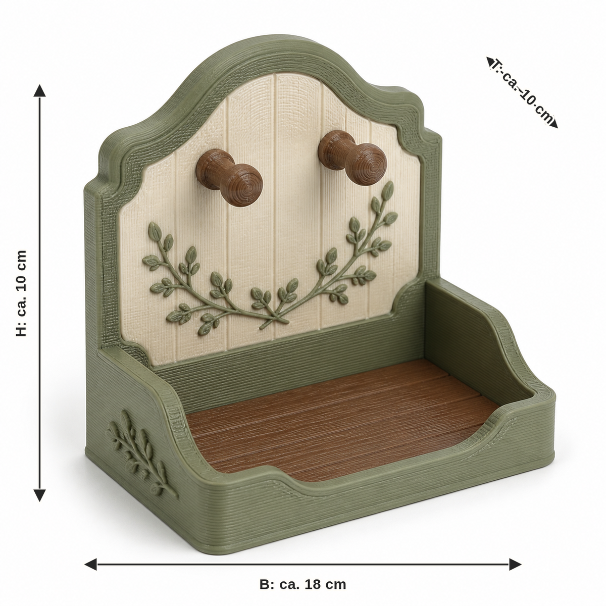 Measurement for compact key tray with double pin: width approx. 18 cm, depth approx. 10 cm, height approx. 10 cm
