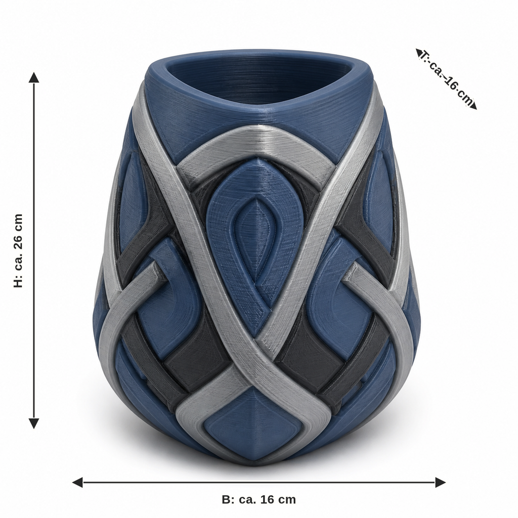 Maßbild für Kompakte Vase mit Schildknoten: Breite ca. 16 cm, Tiefe ca. 16 cm, Höhe ca. 26 cm
