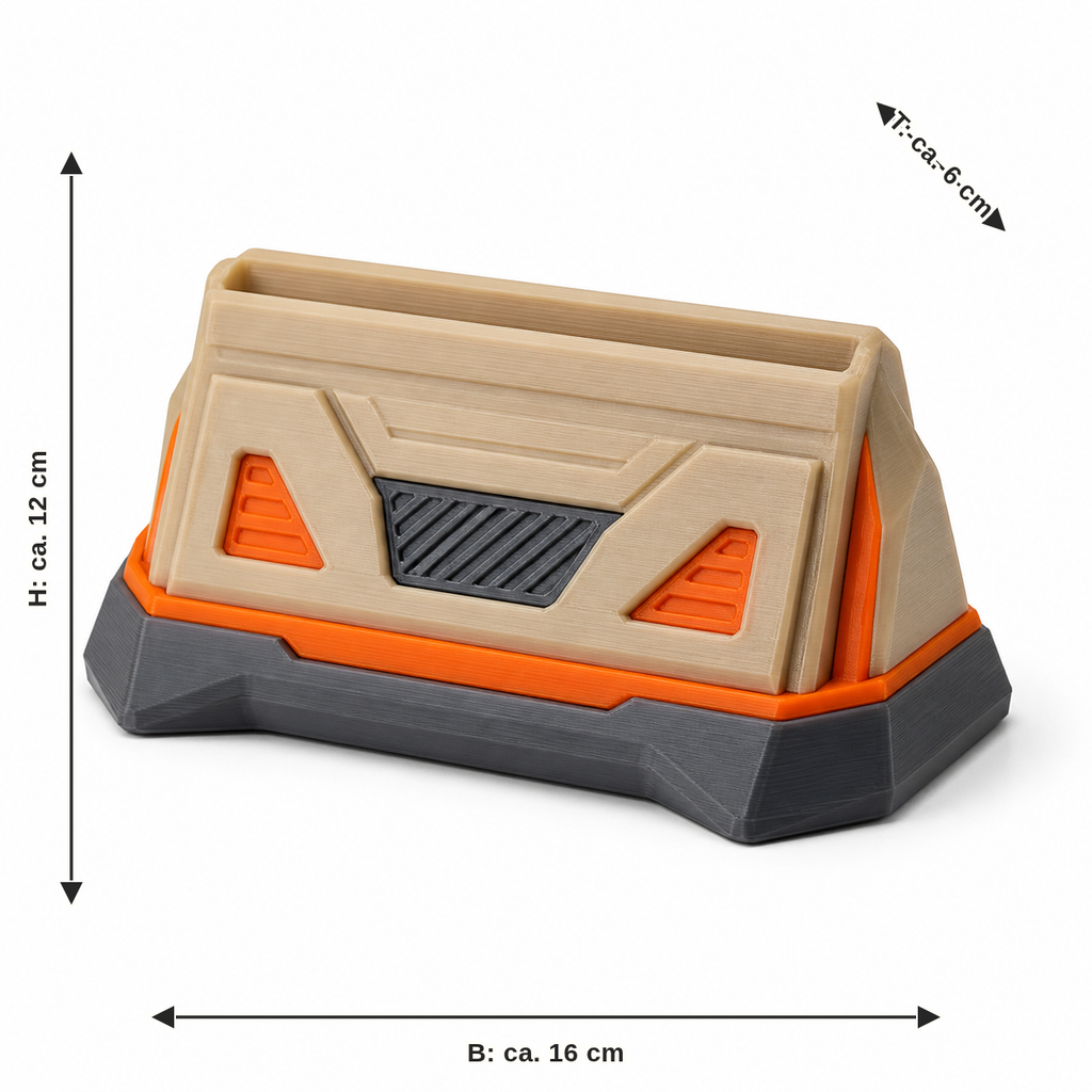 Dimensional image for compact napkin holder in beige and orange: width approx. 16 cm, depth approx. 6 cm, height approx. 12 cm