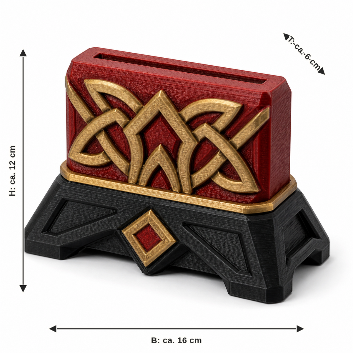 Maßbild für Kompakter Serviettenhalter mit Goldknoten: Breite ca. 16 cm, Tiefe ca. 6 cm, Höhe ca. 12 cm