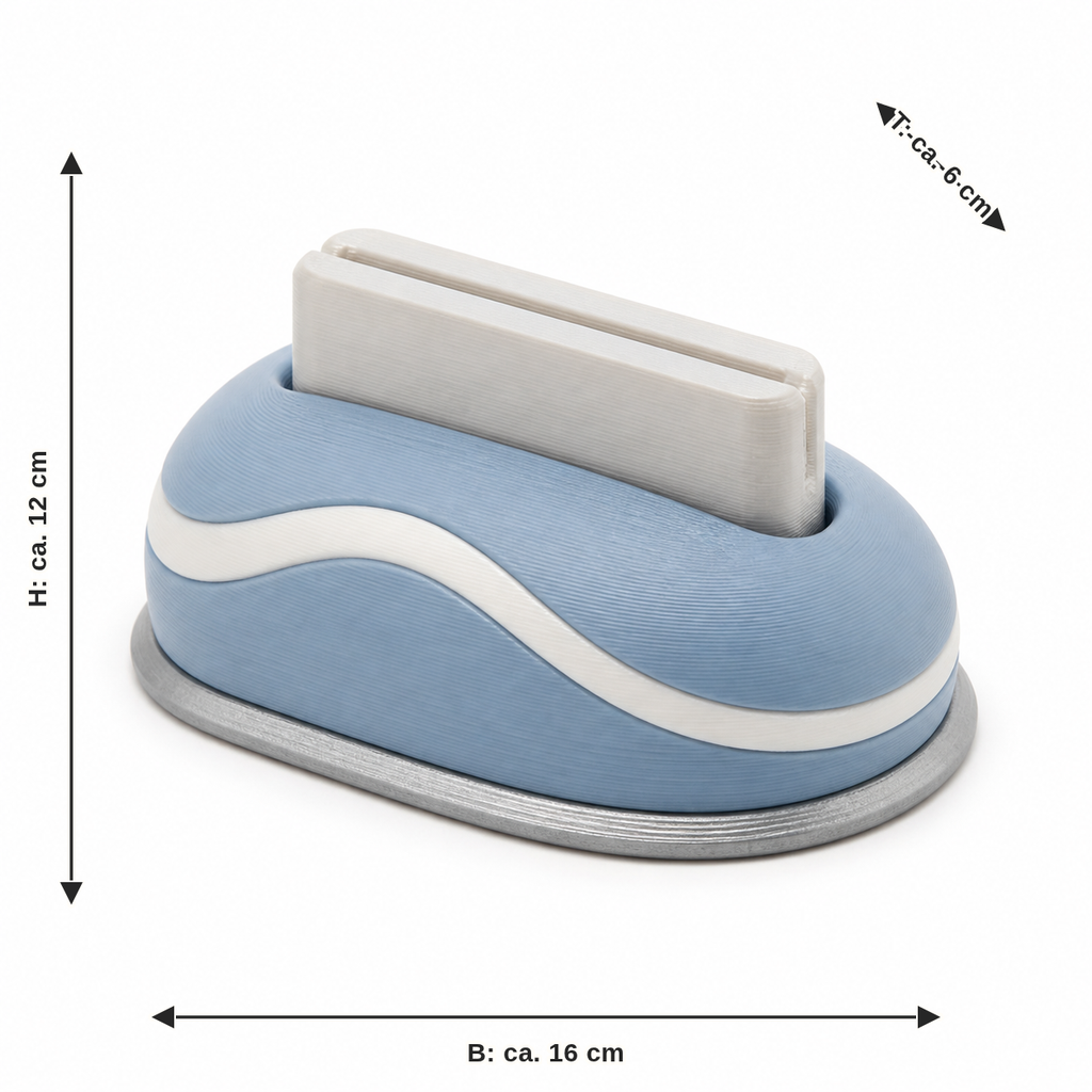 Dimensional image for compact napkin holder with corrugated belt: width approx. 16 cm, depth approx. 6 cm, height approx. 12 cm