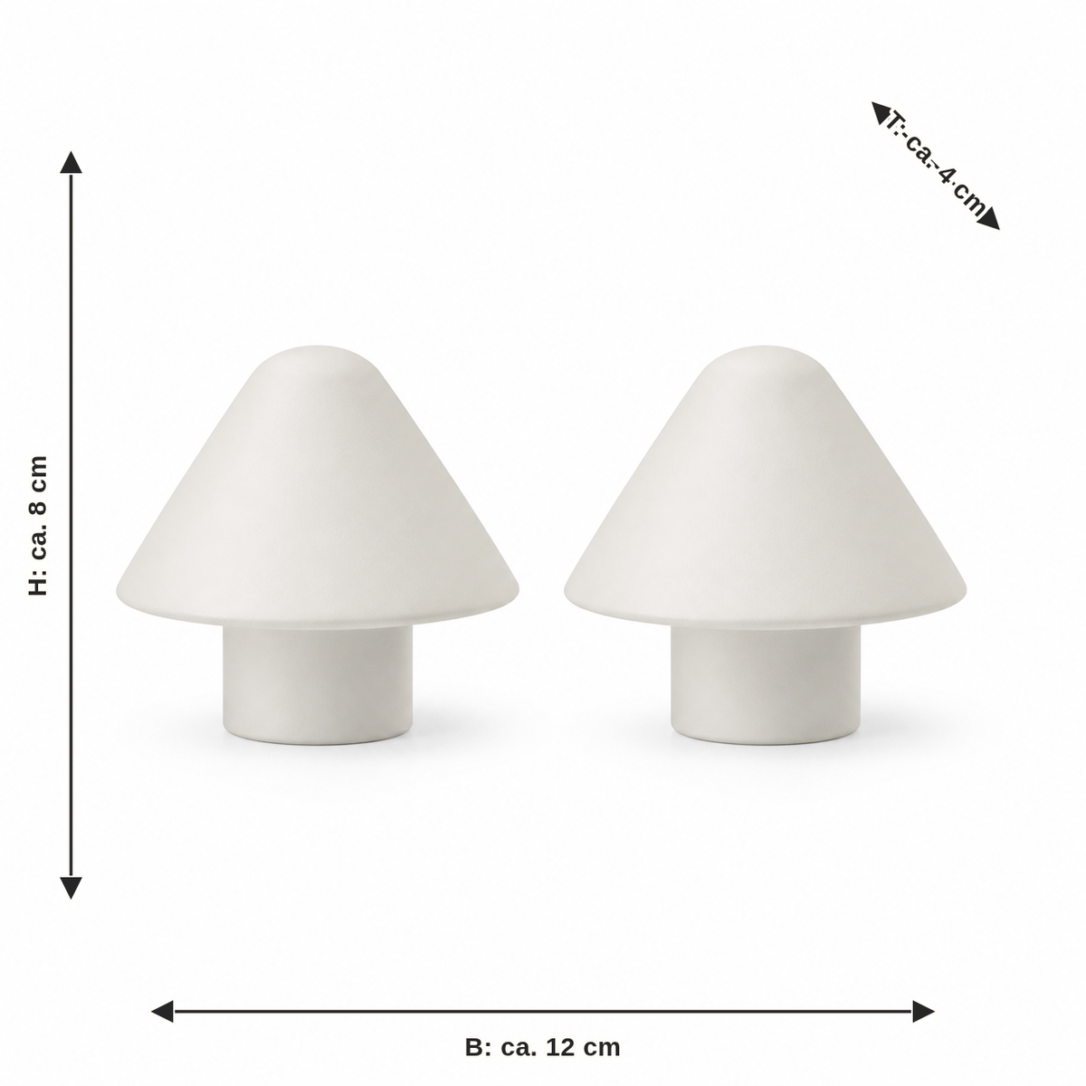 Dimensional image for conical curtain rod end pieces in warm white: width approx. 12 cm, depth approx. 4 cm, height approx. 8 cm