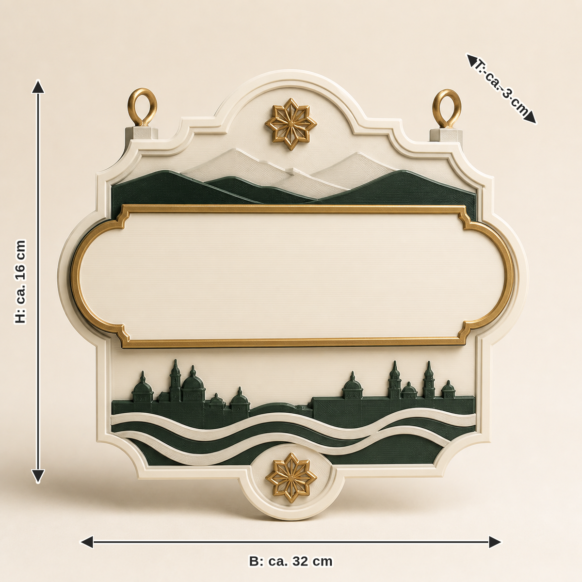 Measurement image for coordinate sign Alpenheimat – Salzburg: width approx. 32 cm, depth approx. 3 cm, height approx. 16 cm