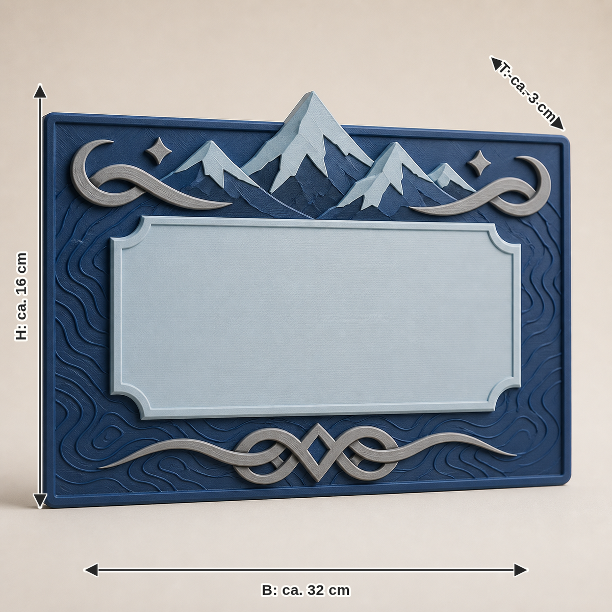 Dimensional image for coordinate sign home point – Nordic & Mythical: width approx. 32 cm, depth approx. 3 cm, height approx. 16 cm