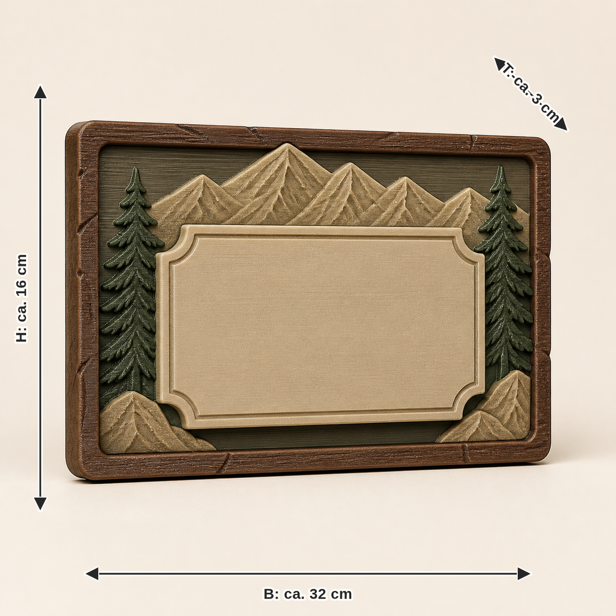 Measurement image for coordinate shield home point – Rustic: width approx. 32 cm, depth approx. 3 cm, height approx. 16 cm