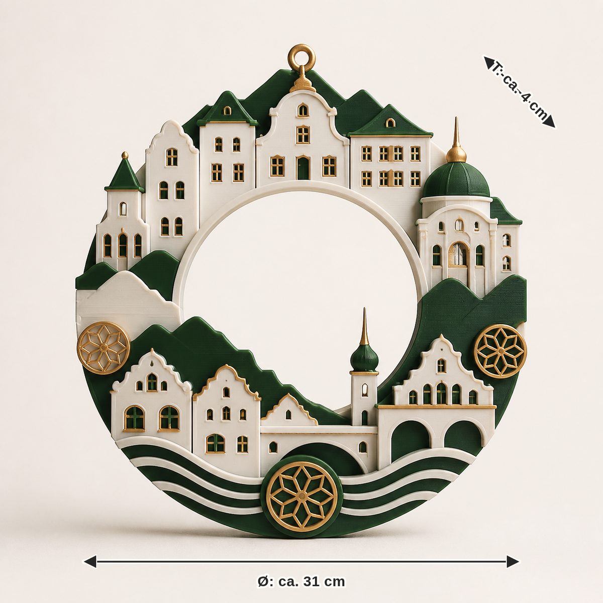 Maßbild für Kranz Altstadtfenster – Salzburg: Durchmesser ca. 31 cm, Tiefe ca. 4 cm
