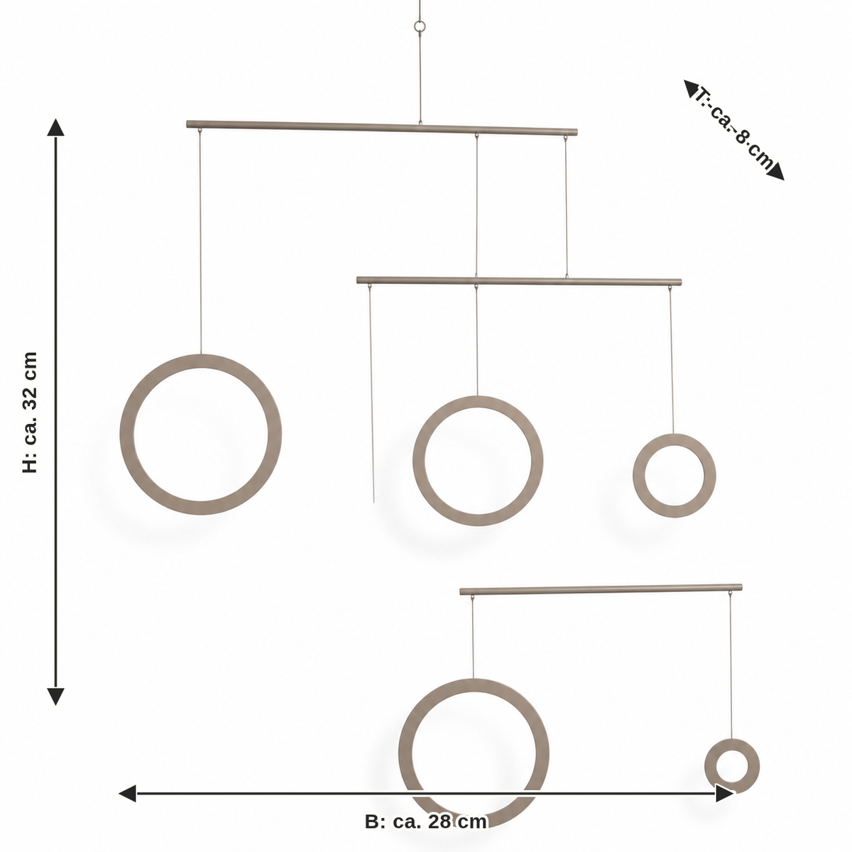 Measurement for circle mobile in taupe: width approx. 28 cm, depth approx. 8 cm, height approx. 32 cm