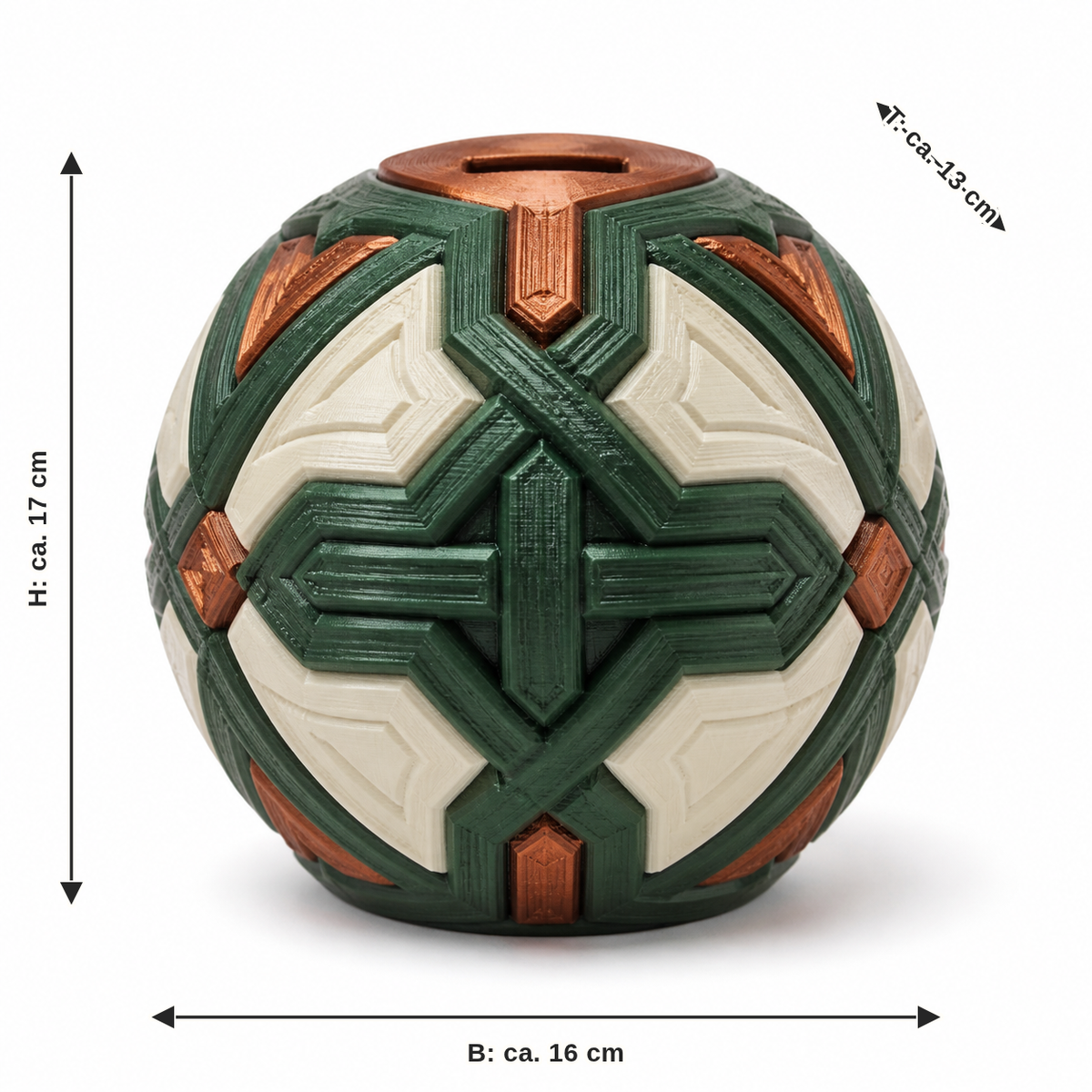 Maßbild für Kugelförmige Spardose mit Schildknoten: Breite ca. 16 cm, Tiefe ca. 13 cm, Höhe ca. 17 cm